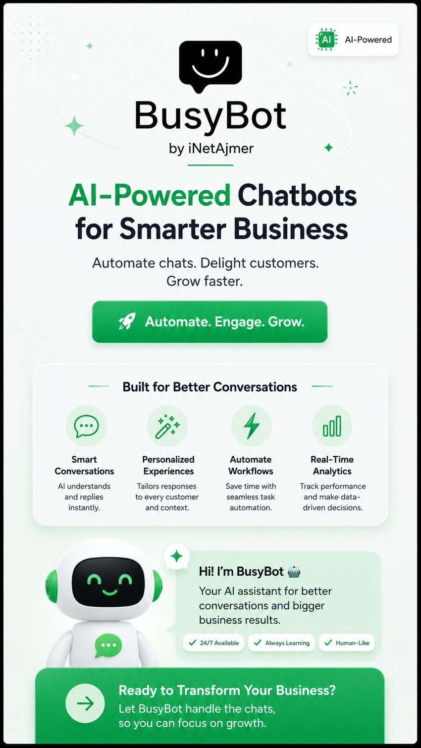 BusyBot AI chatbot introduction — smart conversations, personalised experiences, automated workflows