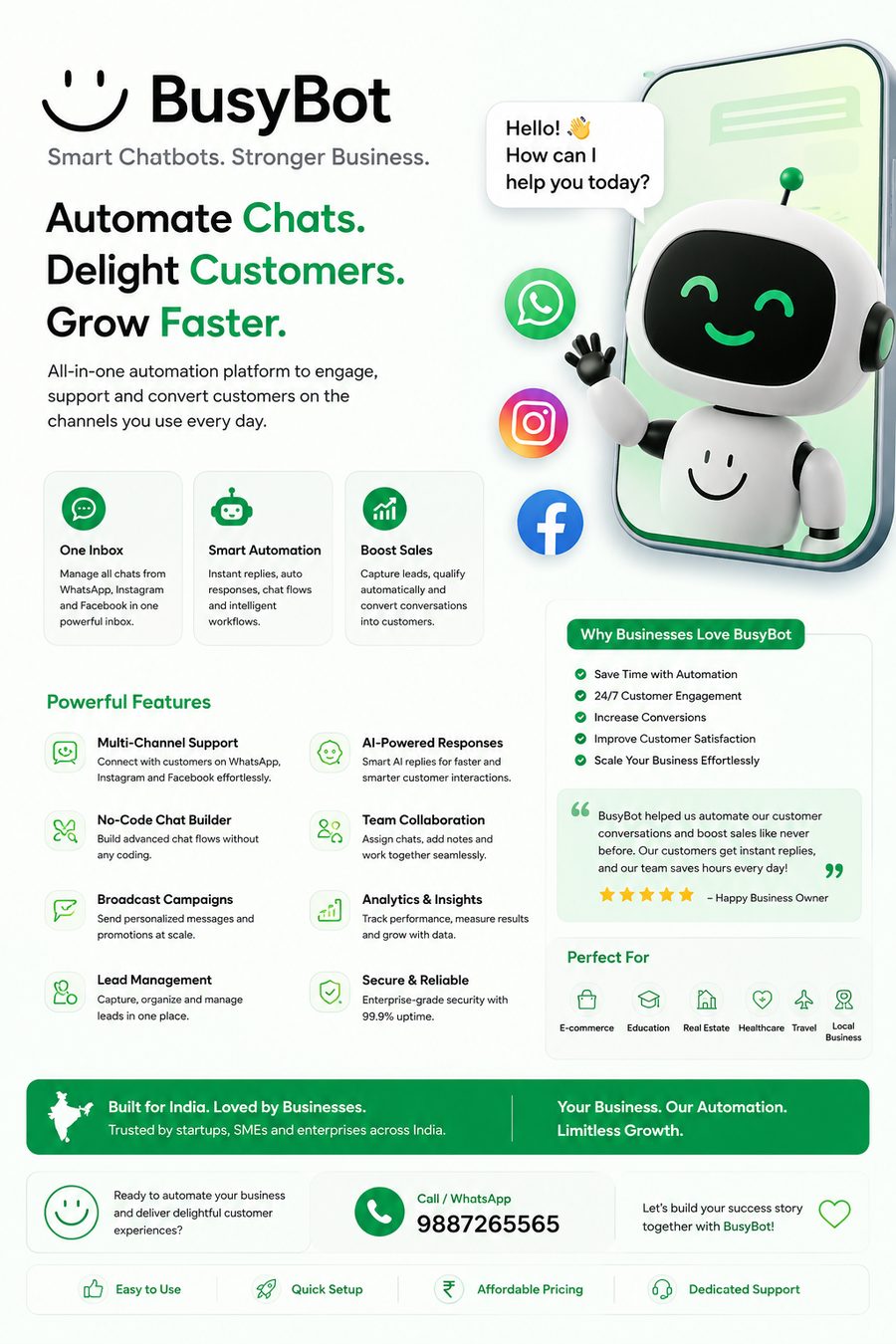 BusyBot platform overview showing multi-channel support, automation and analytics