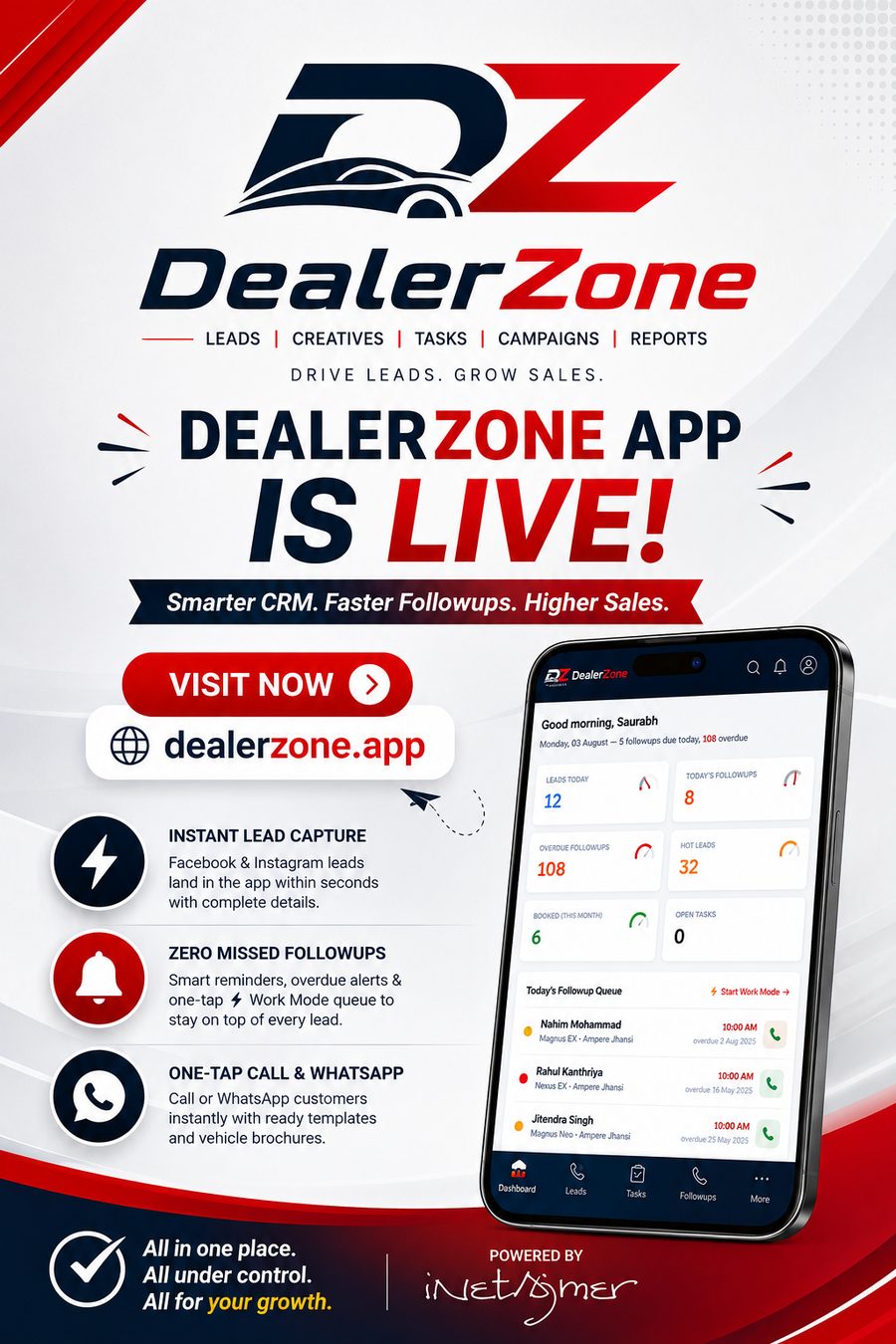DealerZone app dashboard showing today's leads, follow-ups and hot leads